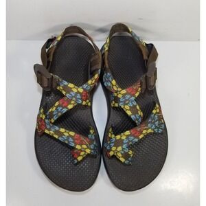 Chaco Brown Sandals with Multicolor Webbing (Yellow, Red, Blue flowers)